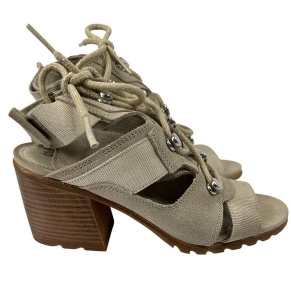 Sorel Beige Lace-Up Block Heel Sandals Size 9 For Women Leather Fabric - Picture 6 of 9